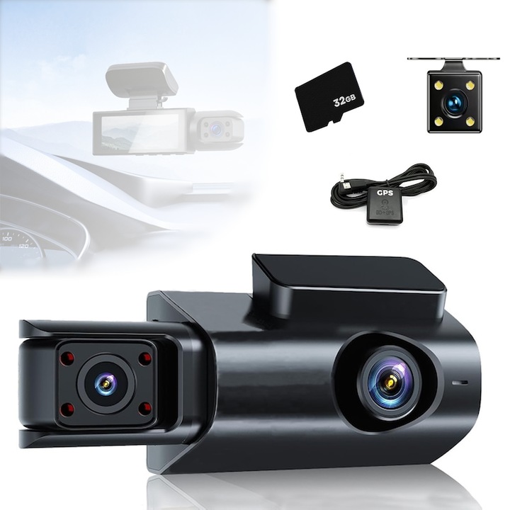Triple Dash Cam, 2K Full HD-1600P, GoSafe, WDR, GPS, WIFI, állítható G-szenzor, telefonalkalmazás, éjszakai látás, 170°-os széles látószög, 3 hüvelykes IPS képernyő, 600 W-os nagy felbontású képpontok, fekete