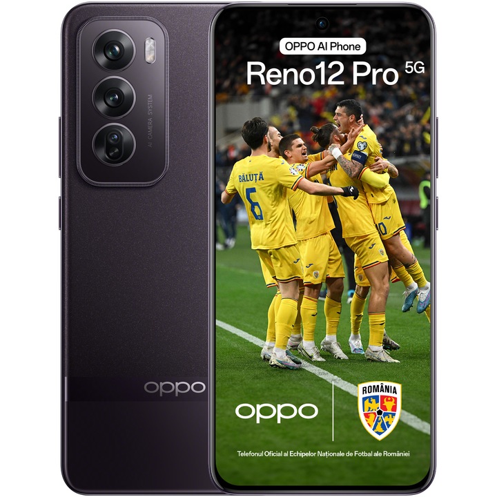 Пакет: Смартфон OPPO Reno12 Pro UEFA Champions League Edition, Dual SIM, 512GB, 12GB RAM, 5G, Nebula Black + UCL ключодържател, UCL Popsocket, Микрофибърна кърпа за почистване на екрана