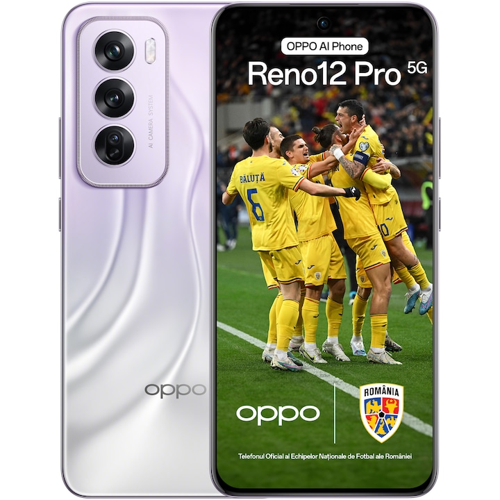 Смартфон OPPO Reno12 Pro UEFA Champions League Edition, Dual SIM, 512GB, 12GB RAM, 5G, Nebula Silver + UCL ключодържател, UCL Popsocket, Микрофибърна кърпа за почистване на екрана