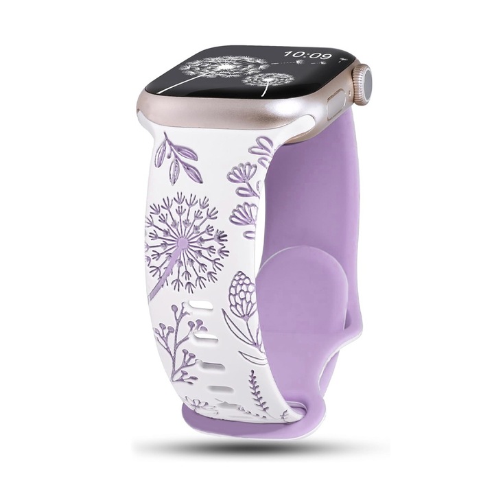 Curea Doua Culori Silicon CNNIK®, compatibila cu Apple Watch SE/9/8/7/6/5/4/3/2/1 - 42/44/45/49MM, Ajustabila, Silicon moale placut la atingere, Model cu papadie, Mov