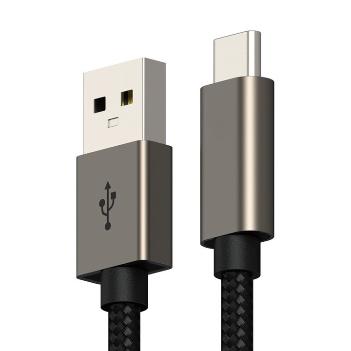 Töltő és adatátviteli kábel, USB A - USB Type-C, 60 W, 2 m hosszú, megerősített, fekete-szürke