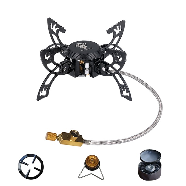 Aragaz Camping Portabil, Pliabil, Rezistent la vant, aprindere piezoelectrica, 3800W, 0.38kg, negru