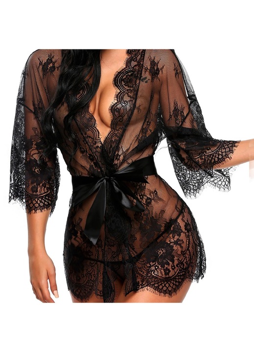 Lenjerie sexy dama, kimono dantela, negru, Negru