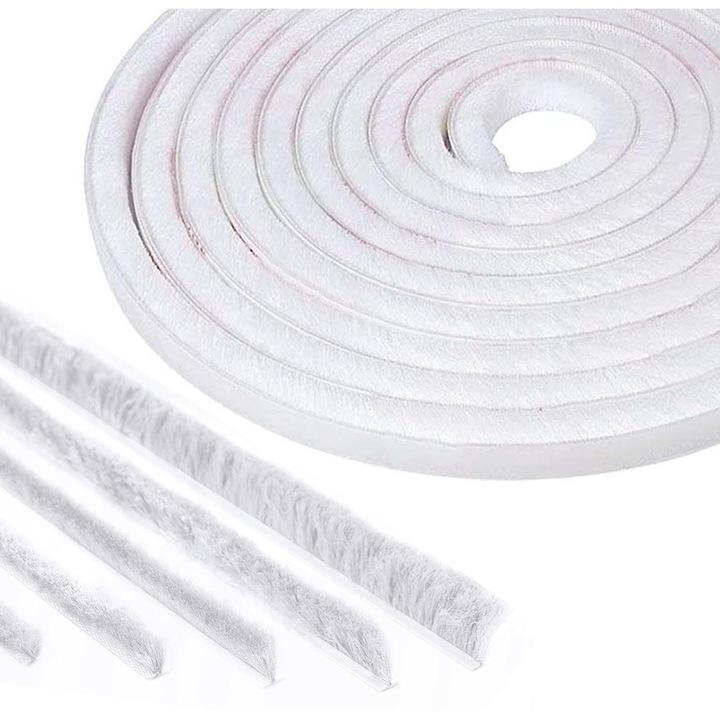 Garnitura perie ferestre, JENUOS, auto-adeziva, 5m, 9x9mm, material polipropilena/lana, alb
