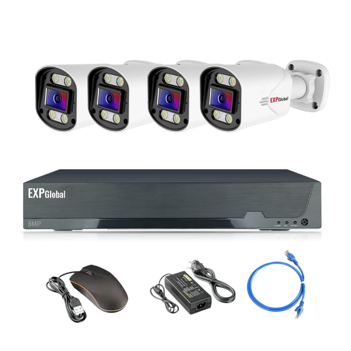 Комплект за видеонаблюдение, EXPGlobal, POE, 4 канала, цветно нощно виждане, 8MP, приложения на закрито/външно за гледане в реално време, интелигентно възпроизвеждане, без HDD, без мрежов кабел