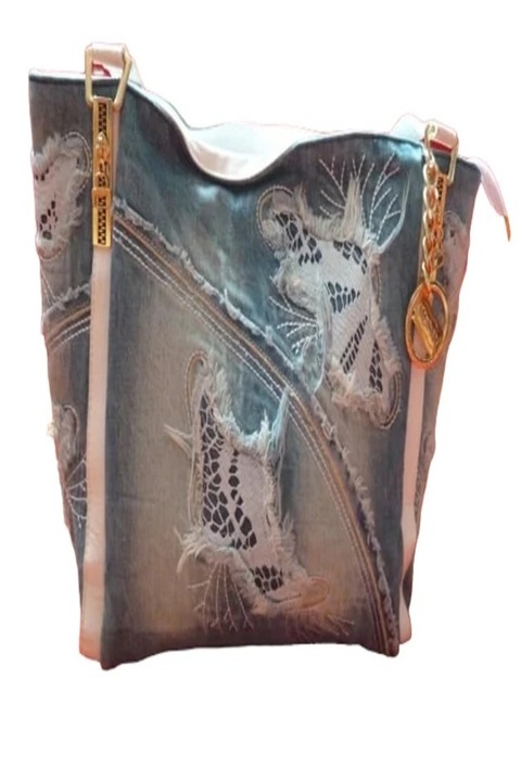 Geanta fashion denim cu broderie bumbac, Albastru