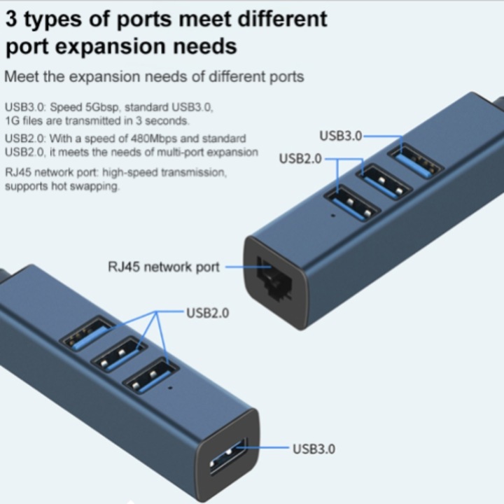 Healife USB Ethernet Hub, 3xUSB 3.0, RJ45 Gigabit, алуминий, син, 40g