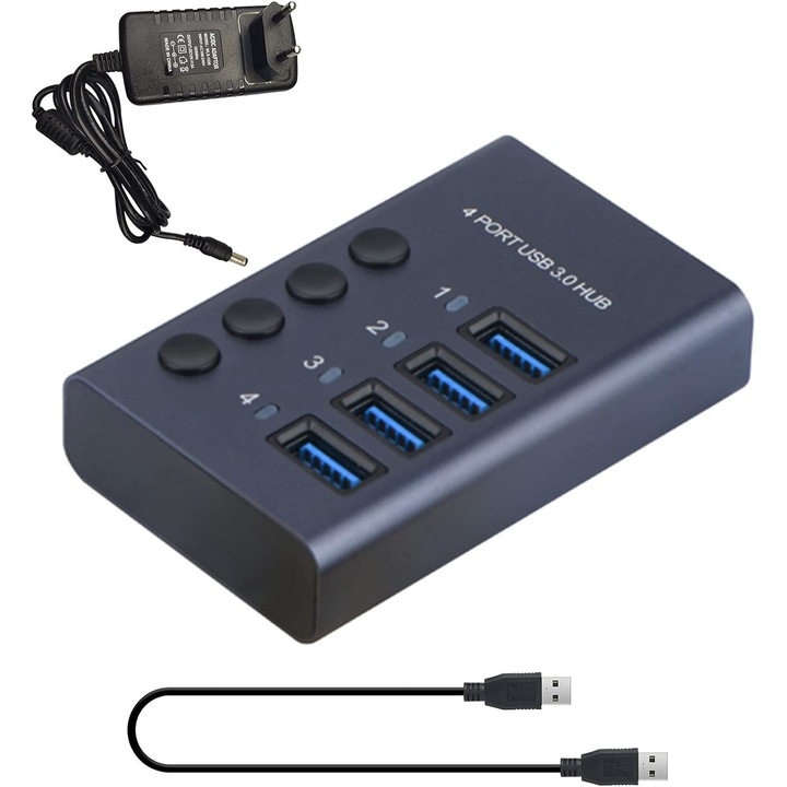 USB 3.0 докинг станция, 4 порта, Healife®, 5Gbps трансфер на данни, алуминий, 4 порта USB удължител с превключвател и захранване, 5Gbps високоскоростен трансфер на данни, сив