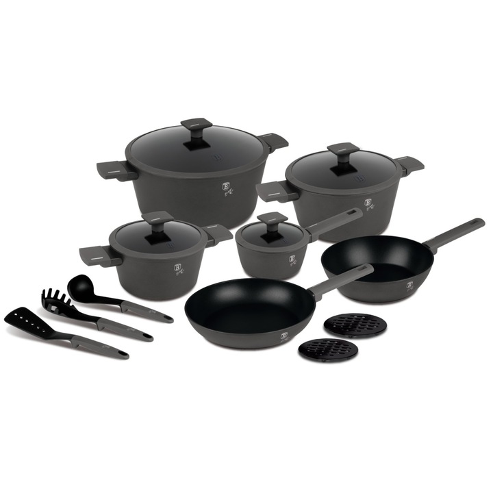 Set oale si tigai cu capace 15 piese Anthracite Berlinger Haus BH 8141, antiaderente, design premium, inductie