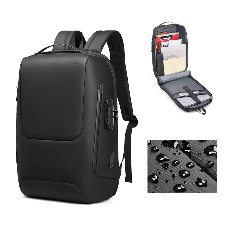 Rucsac laptop 15.6", smart casual, impermeabil cu sistem antifurt, port de incarcare USB tip C, GETICS, 28x15x44 cm, Negru