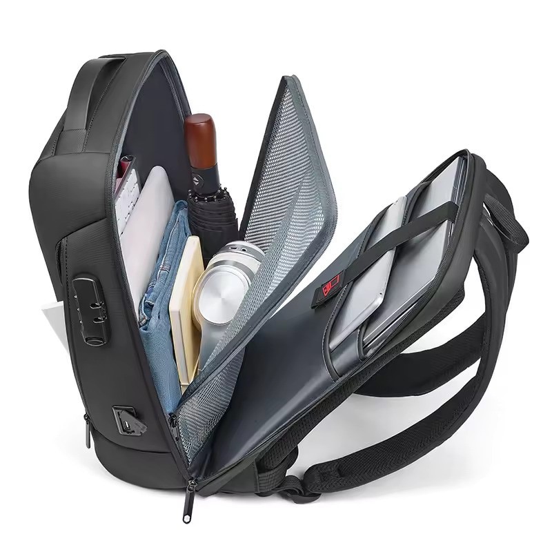 Rucsac laptop 15.6", smart casual, impermeabil cu sistem antifurt, port de incarcare USB tip C, GETICS, 28x15x44 cm, Negru
