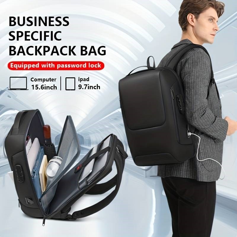 Rucsac laptop 15.6", smart casual, impermeabil cu sistem antifurt, port de incarcare USB tip C, GETICS, 28x15x44 cm, Negru