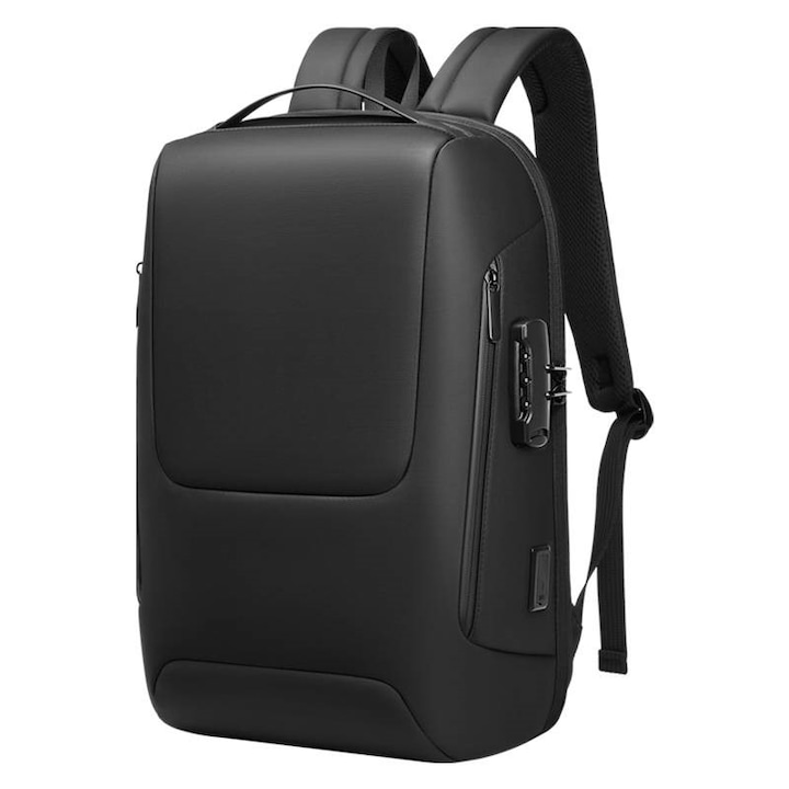 Rucsac laptop 15.6", smart casual, impermeabil cu sistem antifurt, port de incarcare USB tip C, GETICS, 28x15x44 cm, Negru