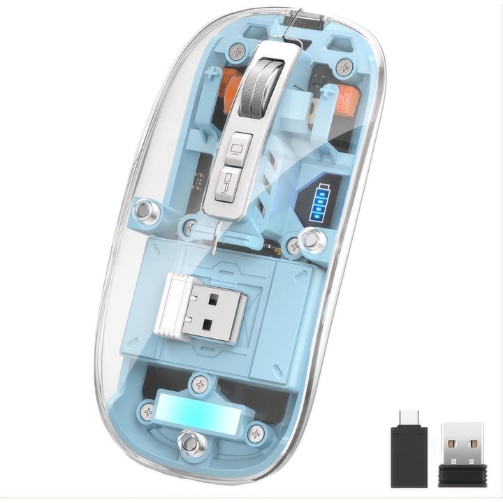 MTEVOTX Vezeték nélküli egér, újratölthető USB-C, átlátszó, hárommódusú csatlakozás Bluetooth 5.1+2.4GHz+USB-C, kompatibilis Windows 8/10, Mac OS, iPad/iPhone, 4 állítható DPI, csendes, RGB fény, Asztali Vissza gomb, Kék
