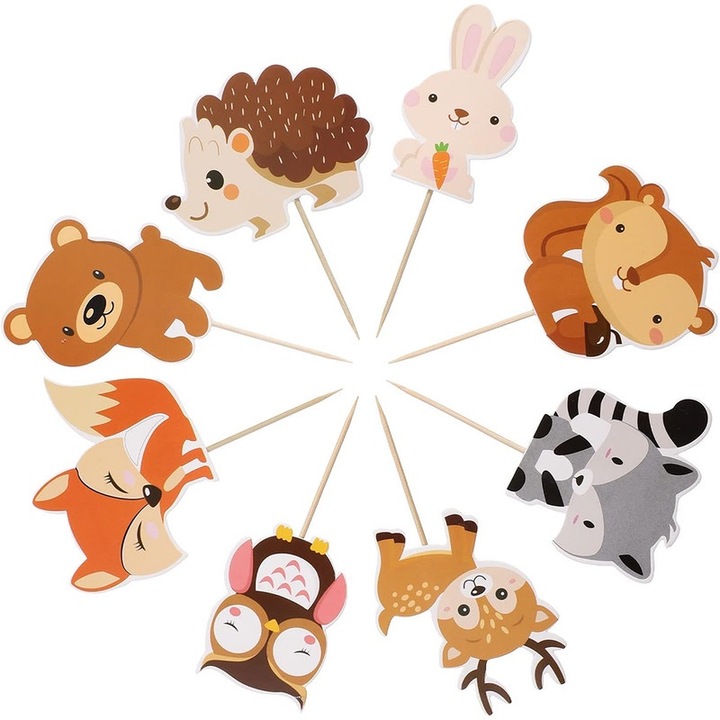 Set accesorii tort animale din padure, Ronyes®, Cadou de ziua copiilor, Plexiglas, 7 modele, 32 bucati