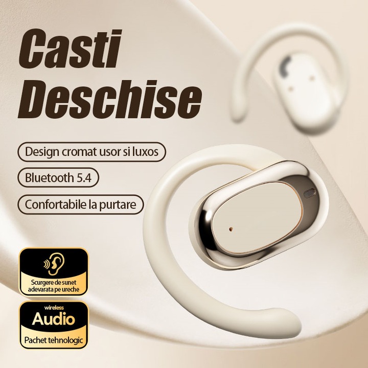 Casti Open-Ear Bluetooth fara fir, Redkid®, Wireless Ear Hooks Ergonomice, Conductie prin Aer, Design Usor, Autonomie 60h, Bluetooth 5.4, IPX5, Bej