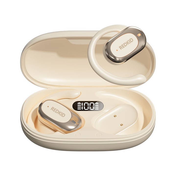 Casti Open-Ear Bluetooth fara fir, Redkid®, Wireless Ear Hooks Ergonomice, Conductie prin Aer, Design Usor, Autonomie 60h, Bluetooth 5.4, IPX5, Bej