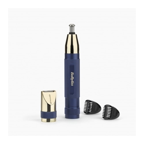 Trimmer pentru urechi, nas si sprancene, BaByliss Diamond Precision, E112E, 4 capete interschimbabile, 3 lame conice, auriu/ albastru