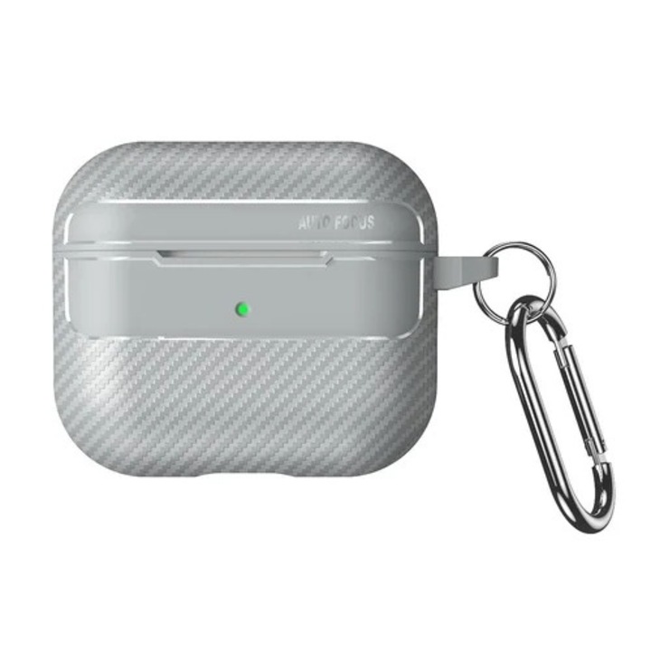 Калъф за Airpods Pro 2: сив калъф с карбонов модел, с карабинер