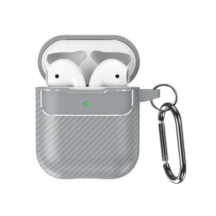 Калъф за Airpods 1/2: Калъф за AirPods 1/2 - Карбонова шарка сива, с карабинер