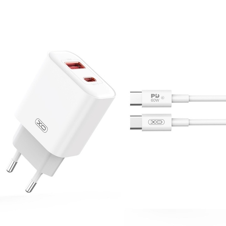 Hálózati töltőfej, adapter USB + USB-C (Type-C) port + USB-C - USB-C adatkábel, töltőkábel, 1m 3A 20W, fehér, XO CE12