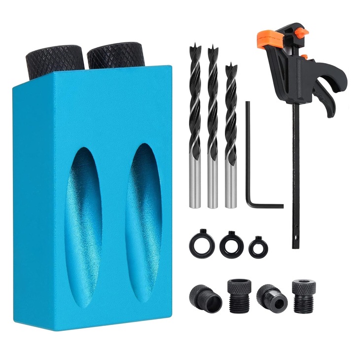 Dispozitiv de ghidare pentru gaurire la unghi, Darklove, Set 15 piese, 15°, Diametru gaurii 6, 8, 10 mm, Durabile, Usor de instalat, Portabil, Design ergonomic, Aliaj de zinc, 67x38x18mm, Albastru
