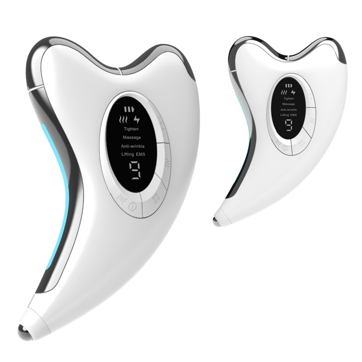 Aparat de masaj facial si pentru ochi Fallensmile, Gua Sha cu vibratii si caldura, anti-rid, lifting