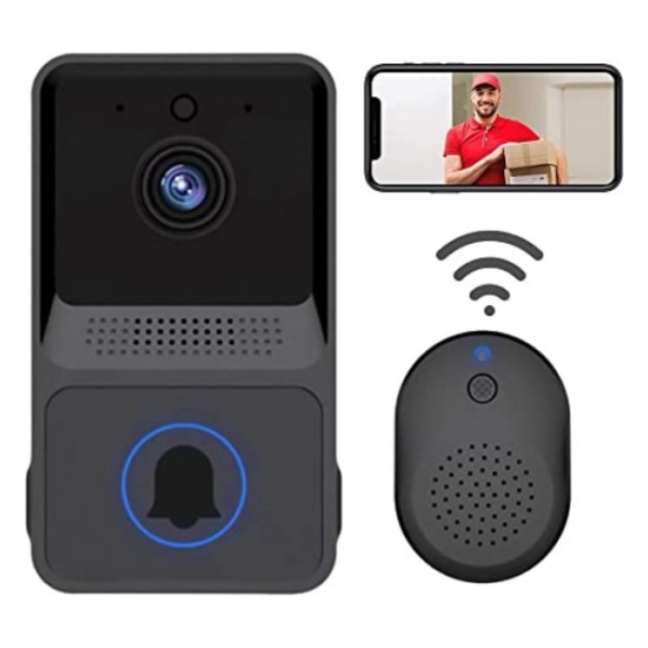 Sonerie video wireless Wi-Fi, obiectiv cu unghi larg, Fill HD. 1080p, receptor intern, negru