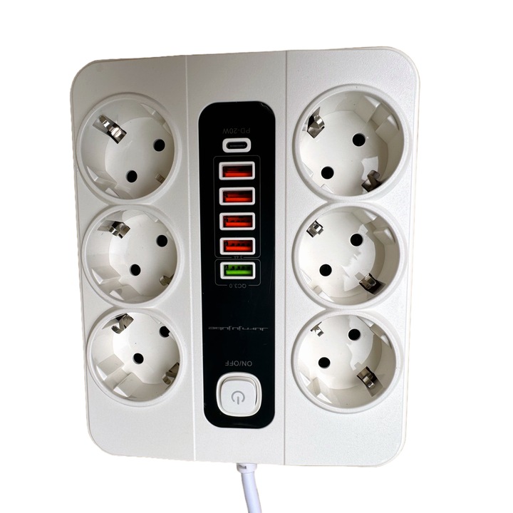 Prelungitor Jurnjujube, protectie supratensiune, 6 prize, 2 porturi USB, 2 porturi Type-C,3000W, PD20W acuzare,2m, alb
