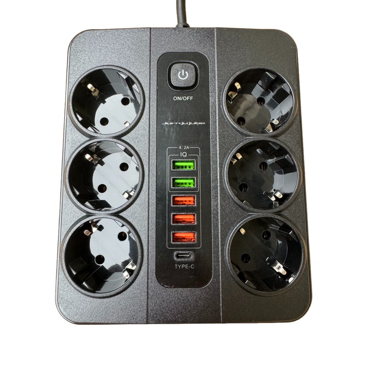 Prelungitor Jurnjujube protectie supratensiune, 6 prize, 2 porturi USB, 2 porturi Type-C,3000W, IQ acuzare,2M, negru