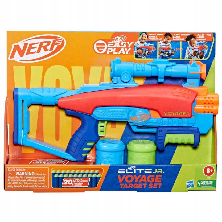 Комплект Nerf Elite Junior Voyage, Hasbro, пистолет с 2 мишени, 20 стрелички, многоцветни, +6 години