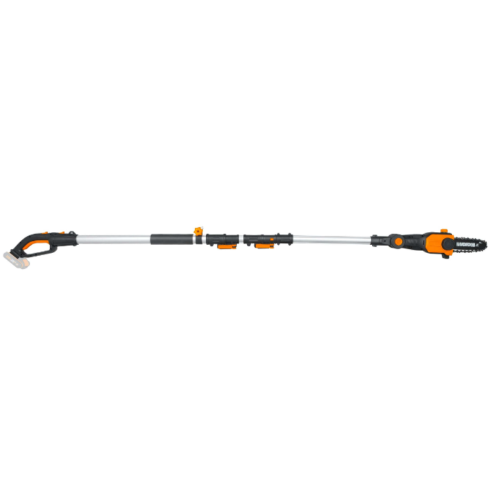WORX WG349E.9 akkumulátoros teleszkópos láncfűrész, 20 V, 20 cm-es penge, 5 m/s láncsebesség, automatikus lánckenés, maximális vágási magasság 3,6 m, akkumulátor és töltő nélkül a szállítókészletben