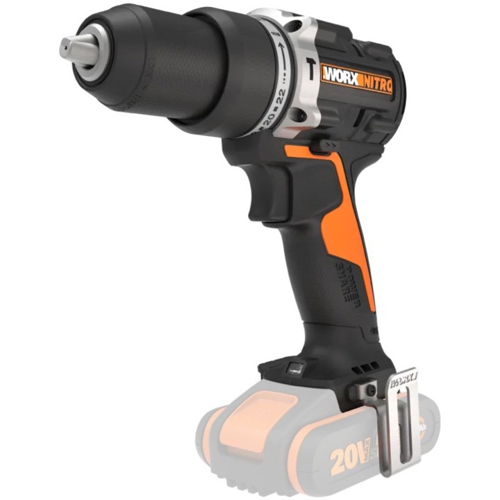 Masina de gaurit si insurubat cu percutie (bormasina) pe acumulator WORX WX352.9, 20 V, cu tehnologia WORX PowerShare, brushless, 2 viteze, 0-450 / 2000 rpm, 60 Nm, 13 mm mandrina metalica, fara acumulator si incarcator incluse