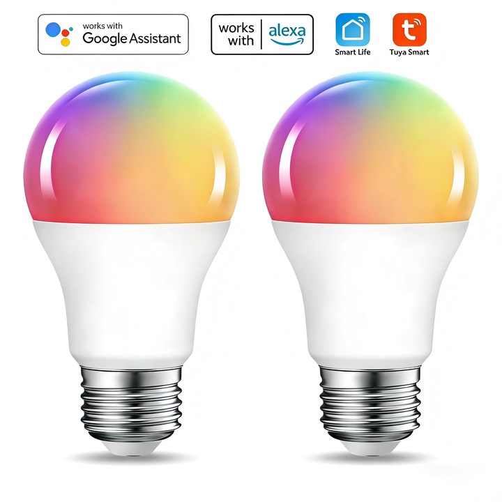 Bec LED inteligent MTEvoTX® 9W RGB A19 E27, WiFi & Bluetooth, Compatibil Alexa si Google Assistant, 16 Milioane Culori, Dimmabil, 600LM, Clasa Energetica F, 2 Buc