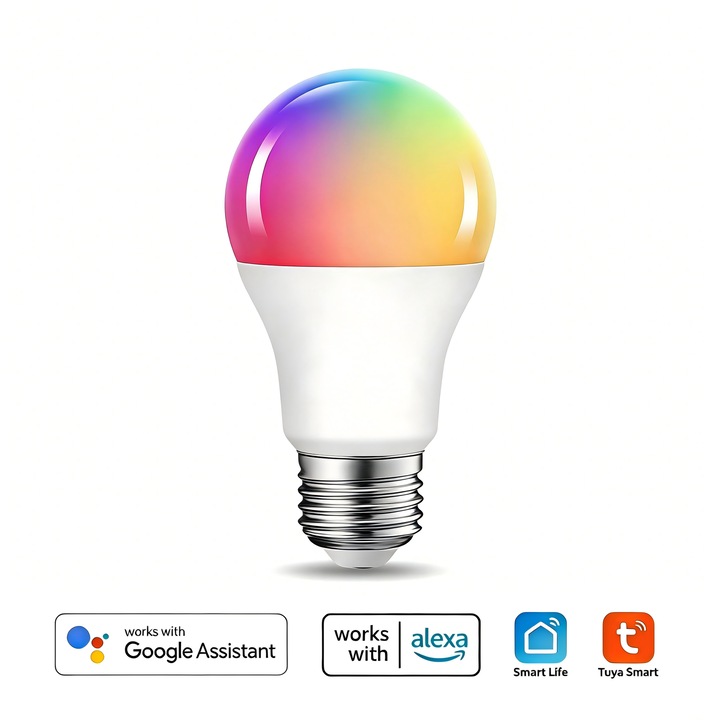 Bec LED inteligent MTEvoTX® 9W RGB A19 E27, WiFi & Bluetooth, Compatibil Alexa si Google Assistant, 16 Milioane Culori, Dimmabil, 600LM, Clasa Energetica F