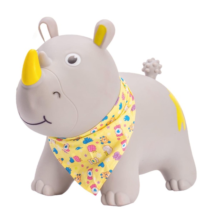 Играчка Sun Baby, Носорог, Гума, За скачане, С помпа, 12 месеца+, Сиво/Жълто