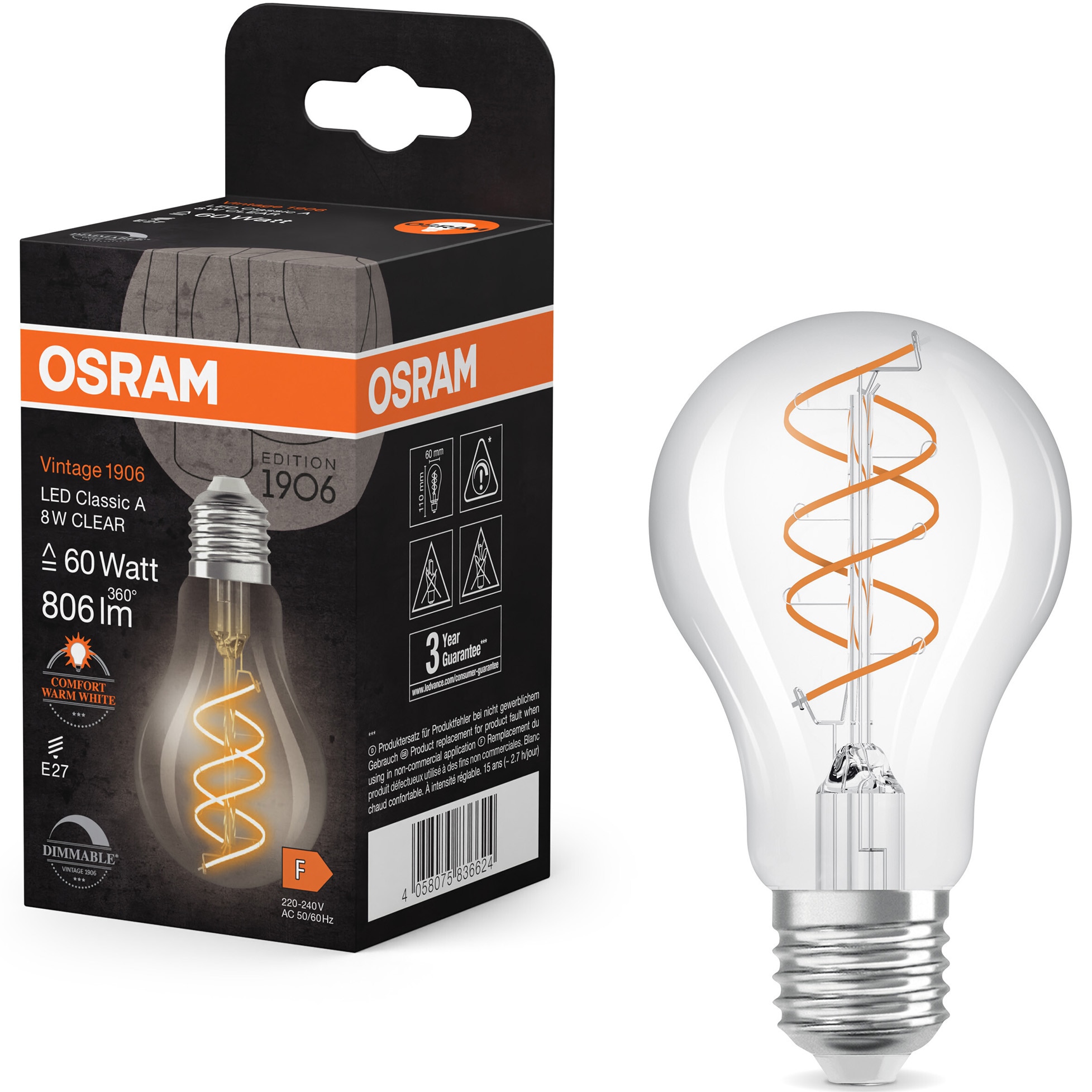 Bec LED decorativ Osram Vintage 1906 Clear, filament, A60, E27, 8W (60W), 806 lm, lumina calda (2200K), dimabil, clasa energetica F