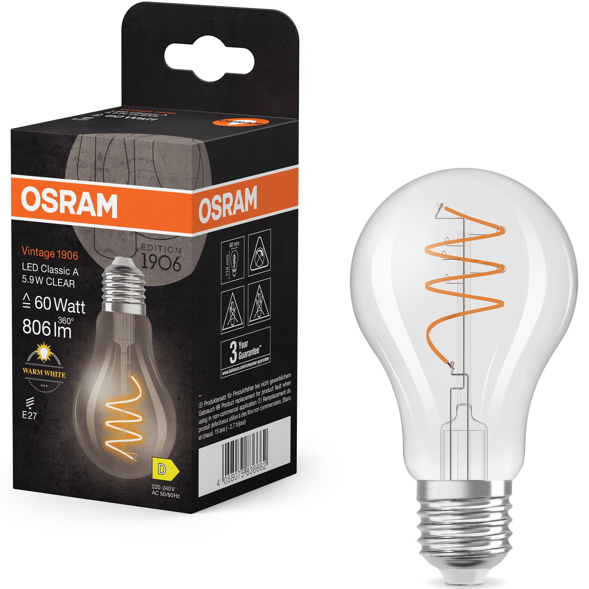 Bec LED decorativ Osram Vintage 1906 Clear, filament, A60, E27, 5.9W (60W), 806 lm, lumina calda (2700K), nedimabil, clasa energetica D
