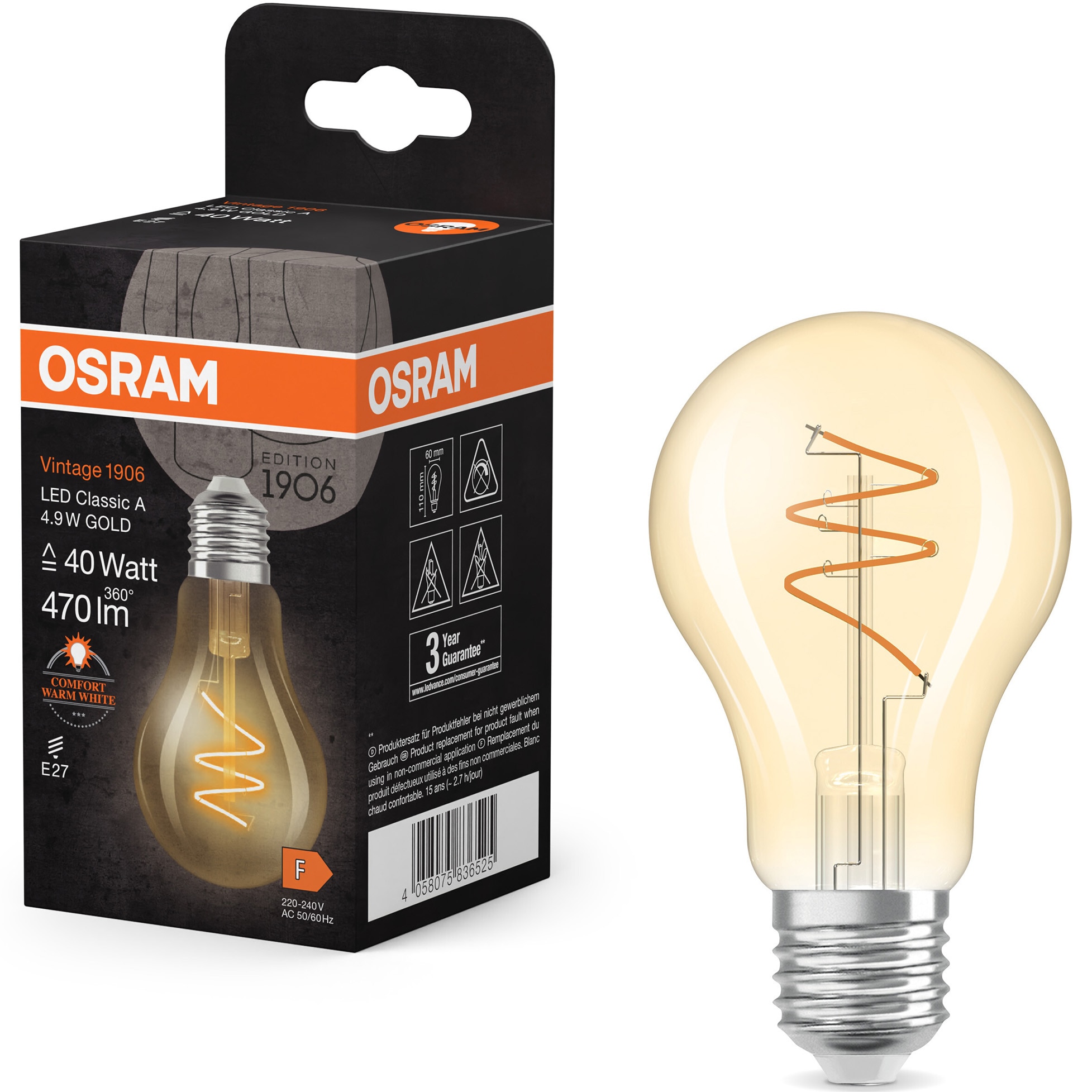 Bec LED decorativ Osram Vintage 1906 Gold, filament, A40, E27, 4.9W (40W), 470 lm, lumina calda (2200K), nedimabil, clasa energetica F