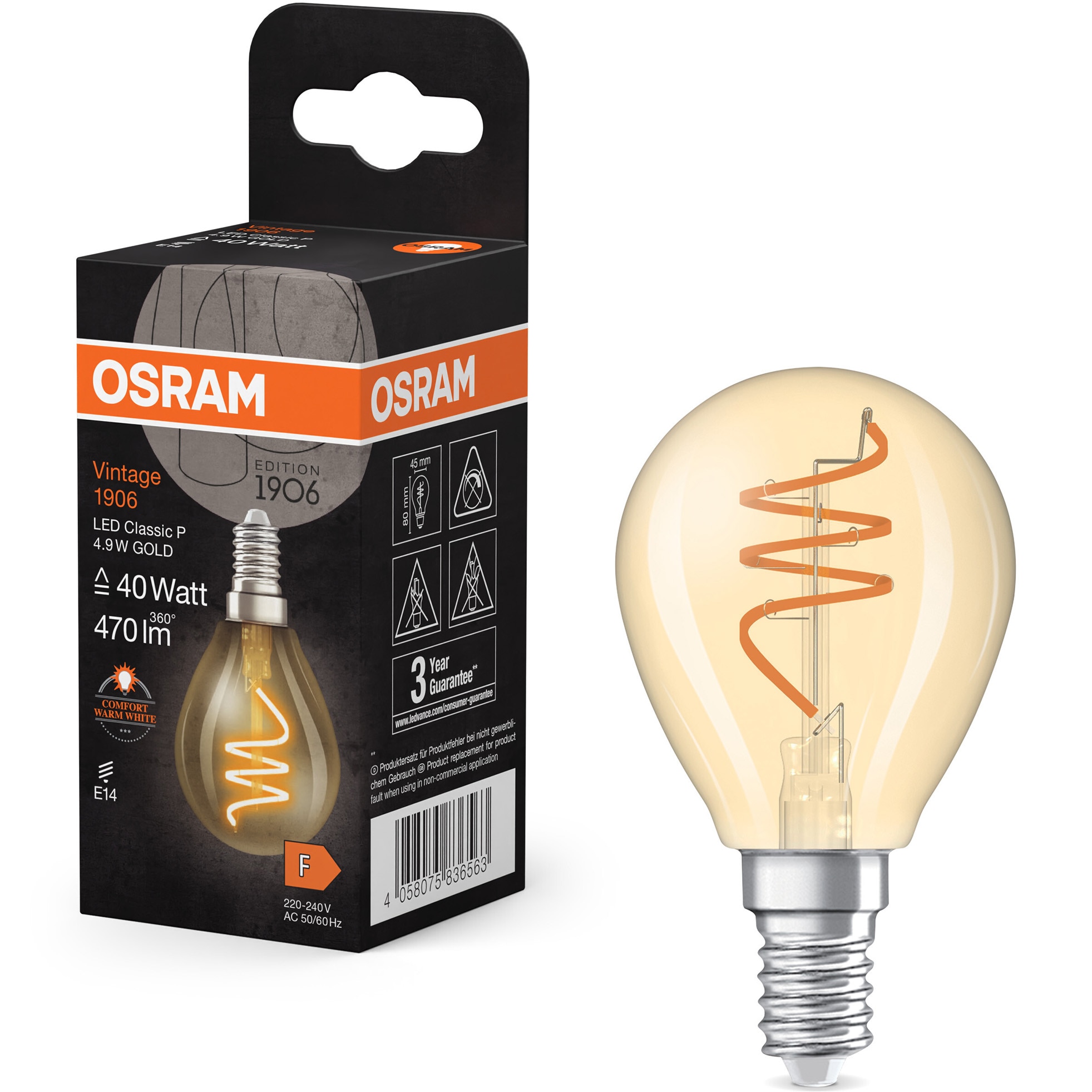Bec LED decorativ Osram Vintage 1906 Gold, filament, P40, E14, 4.9W (40W), 470 lm, lumina calda (2200K), nedimabil, clasa energetica F