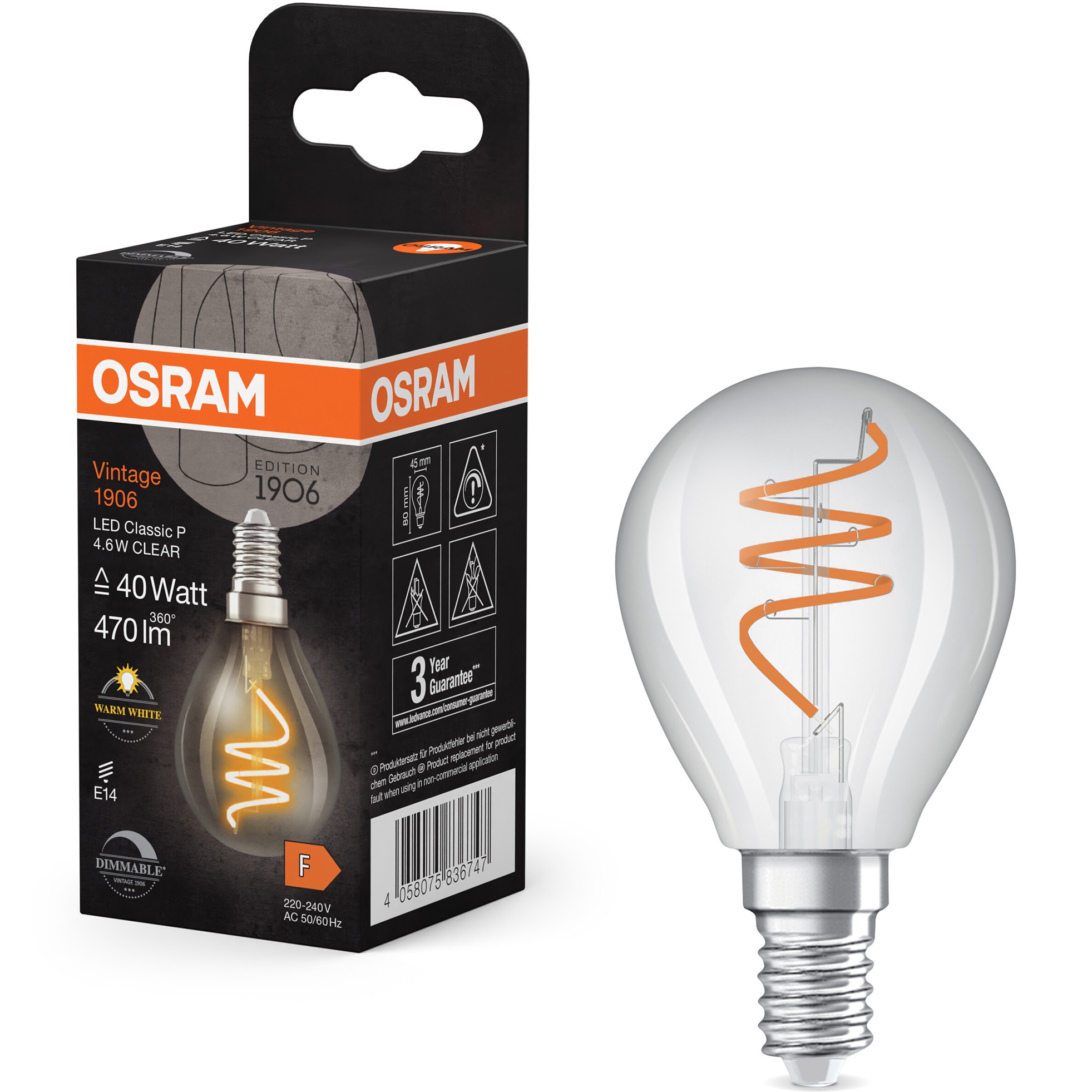 Bec LED decorativ Osram Vintage 1906 Clear, filament, P40, E14, 4.6W (40W), 470 lm, lumina calda (2700K), dimabil, clasa energetica F