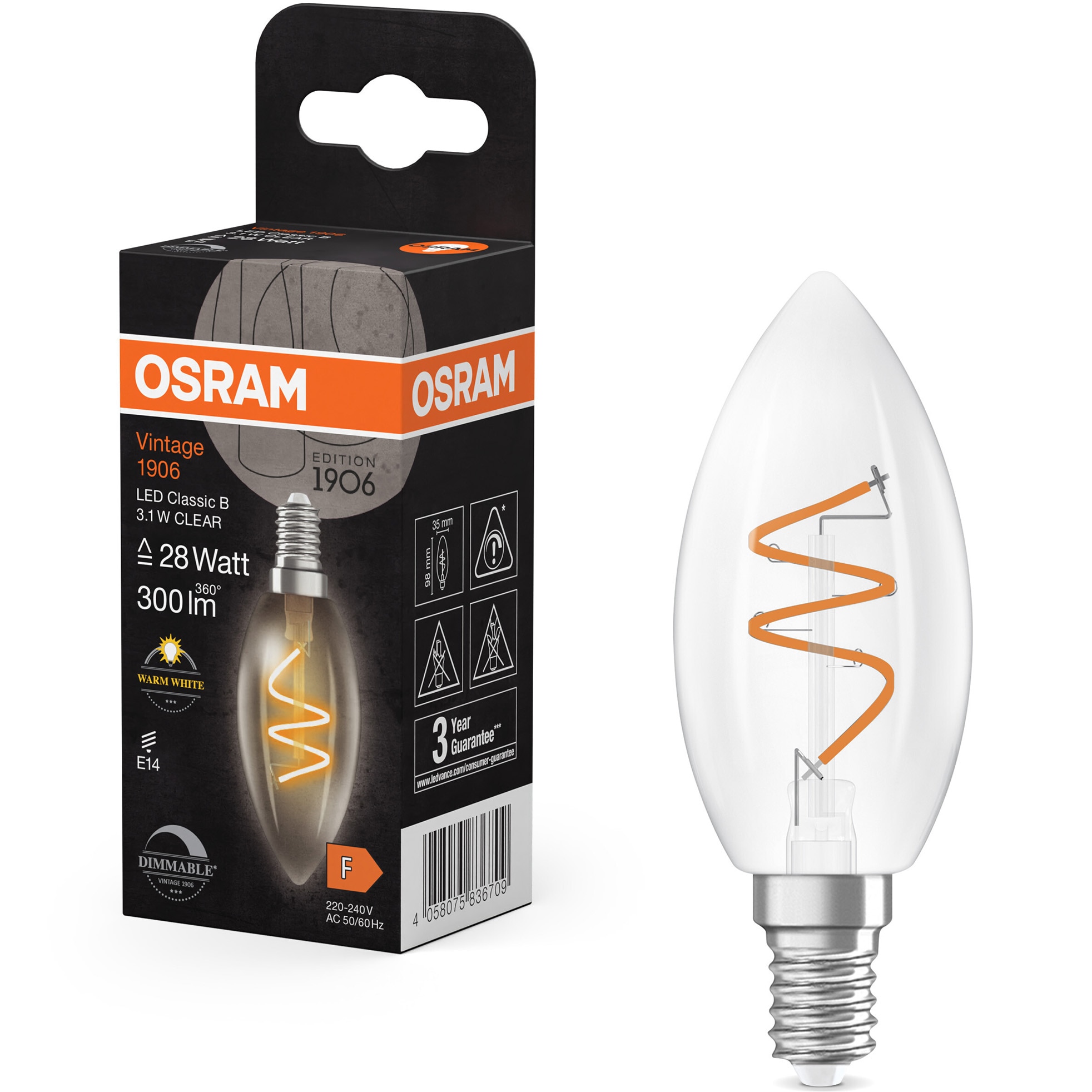 Bec LED decorativ Osram Vintage 1906 Clear, filament, E14, 3.1W (28W), 300 lm, lumina calda (2700K), dimabil, clasa energetica F