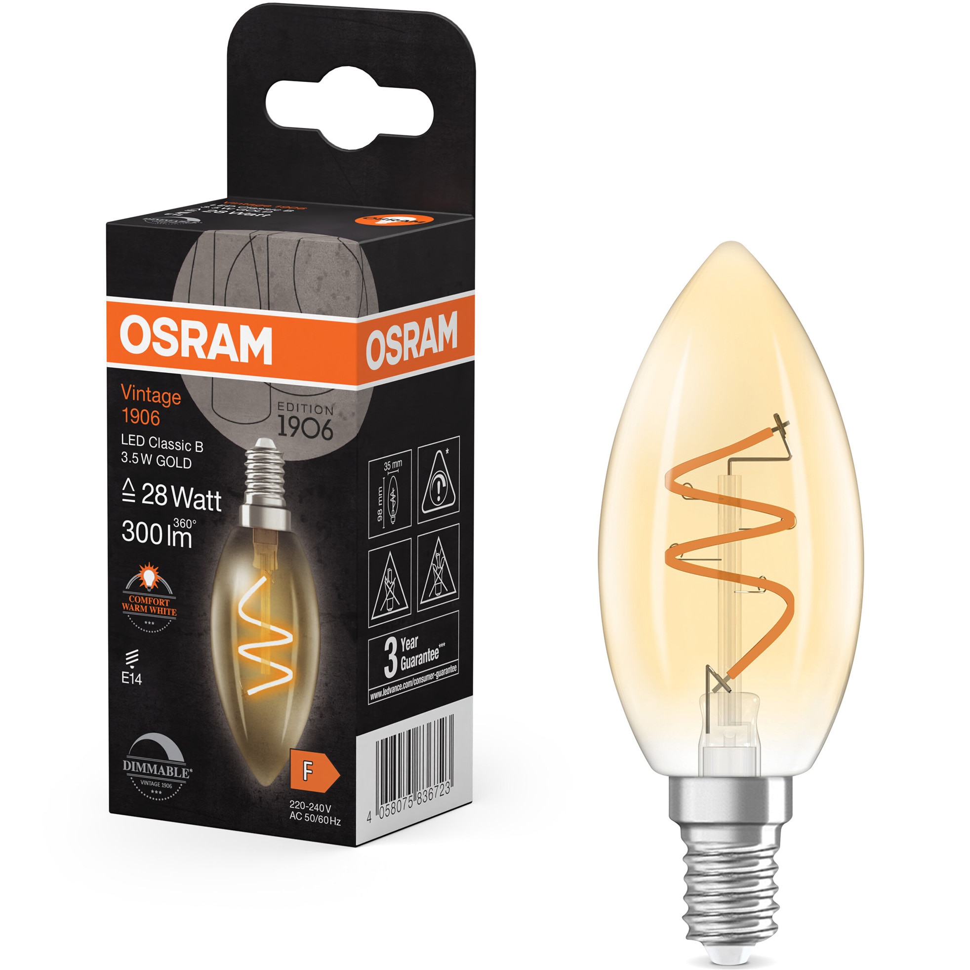 Bec LED decorativ Osram Vintage 1906 Gold, filament, E14, 3.5W (28W), 300 lm, lumina calda (2200K), dimabil, clasa energetica F