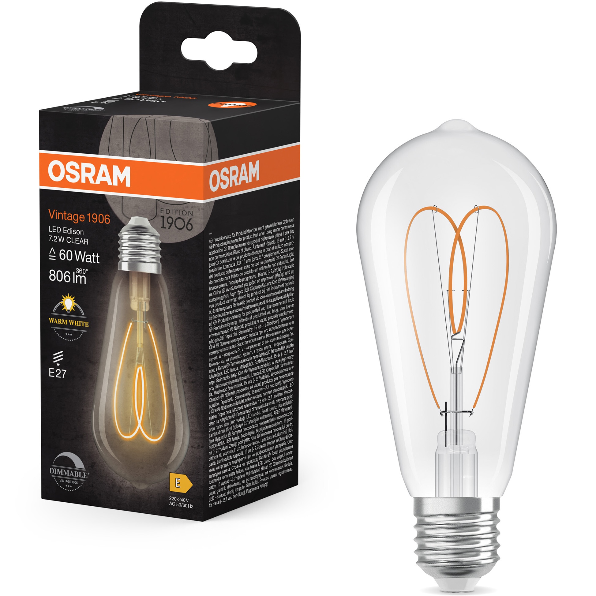 Bec LED decorativ Osram Vintage 1906 Clear, filament, E27, 7.2W (60W), 806 lm, lumina calda (2700K), dimabil, clasa energetica E