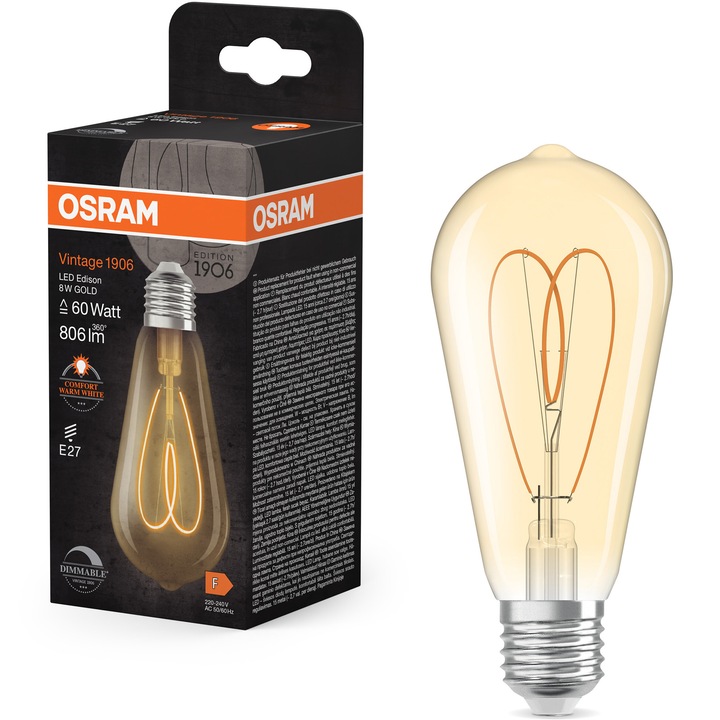 Декоративна крушка LED Osram Vintage 1906 Gold, Нажежаема жичка, E27, 8W (60W), 806 лумена, Топла светлина (2200K), Димируема, Енергиен клас F