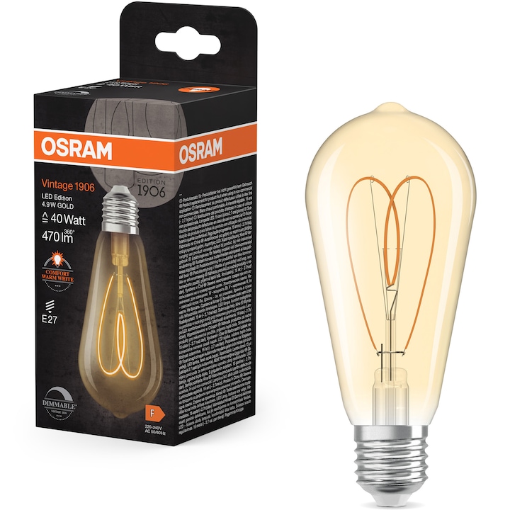 Декоративна крушка LED Osram Vintage 1906 Gold, Нажежаема жичка, E27, 4.9W (40W), 470 лумена, Топла светлина (2200K), Димируема, Енергиен клас F