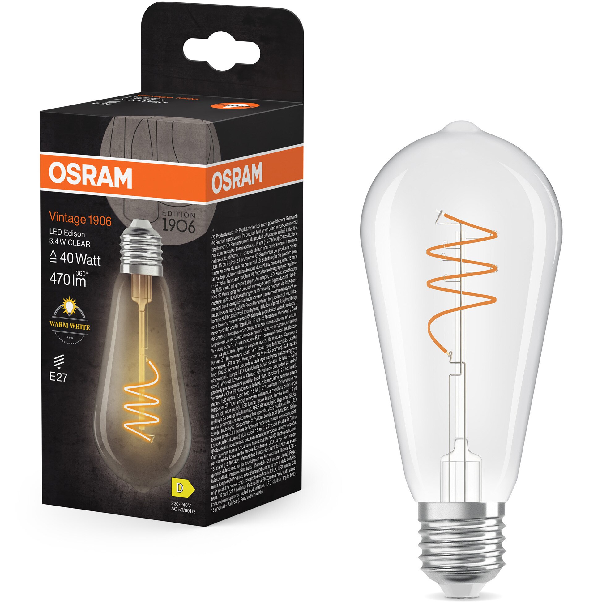 Bec LED decorativ Osram Vintage 1906 Clear, filament, E27, 3.4W (40W), 470 lm, lumina calda (2700K), nedimabil, clasa energetica D