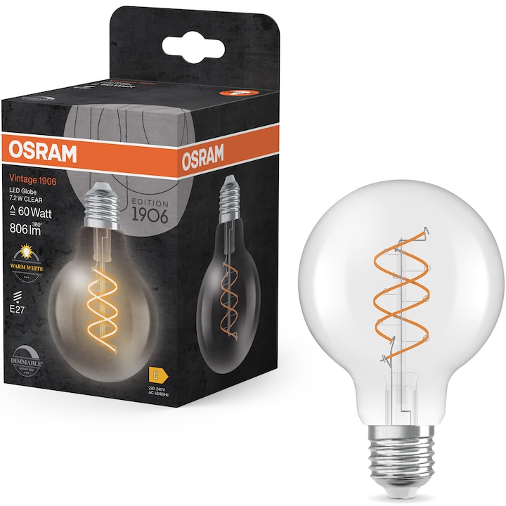 Osram Vintage 1906 Clear Dekoratív LED izzó, izzószál, G80, E27, 7,2W (60W), 806 lm, meleg fény (2700K), szabályozható, E energiaosztály