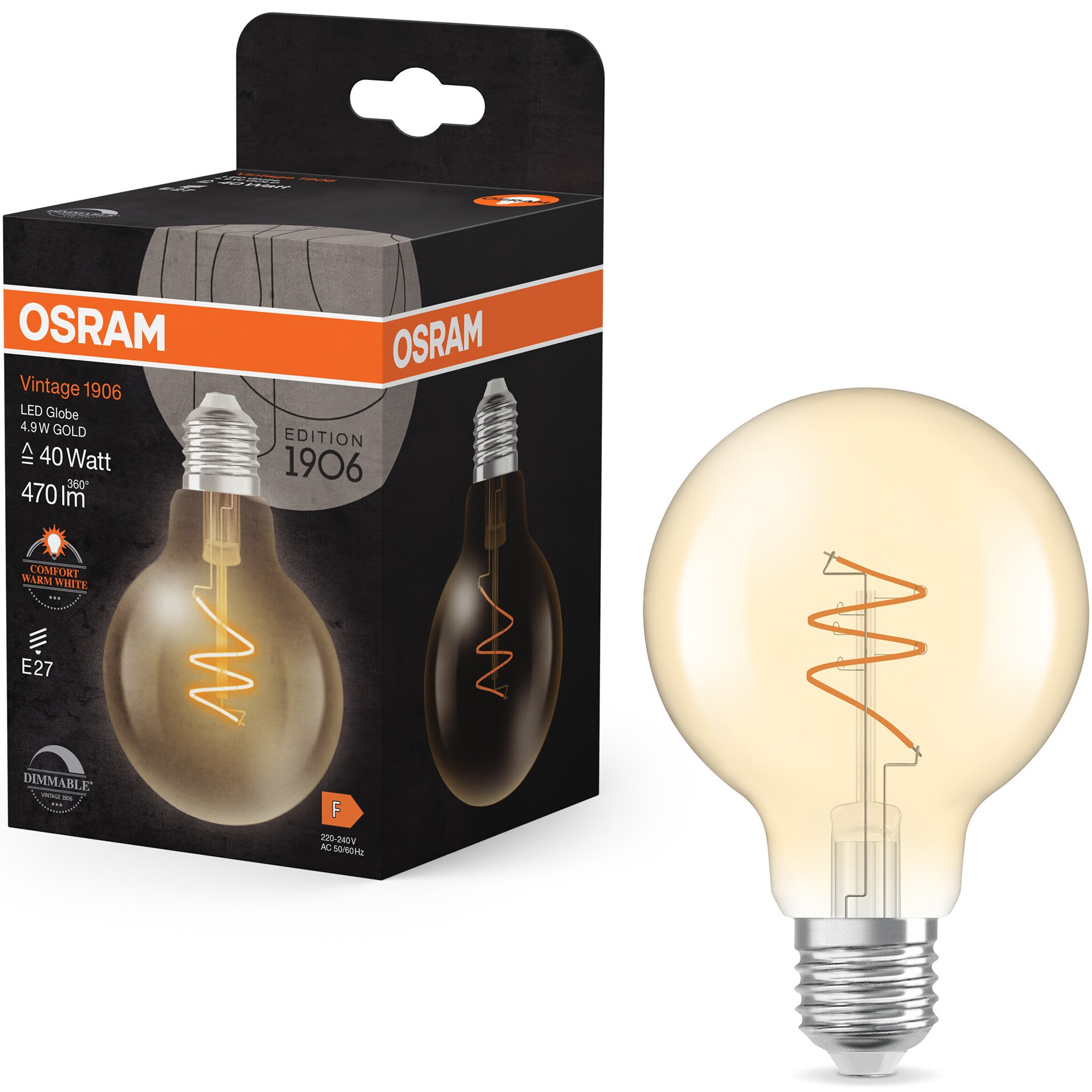 Bec LED decorativ OSARM Vintage 1906 Gold, filament, G80, E27, 4.9W (40W), 470 lm, lumina calda (2200K), dimabil, clasa energetica F