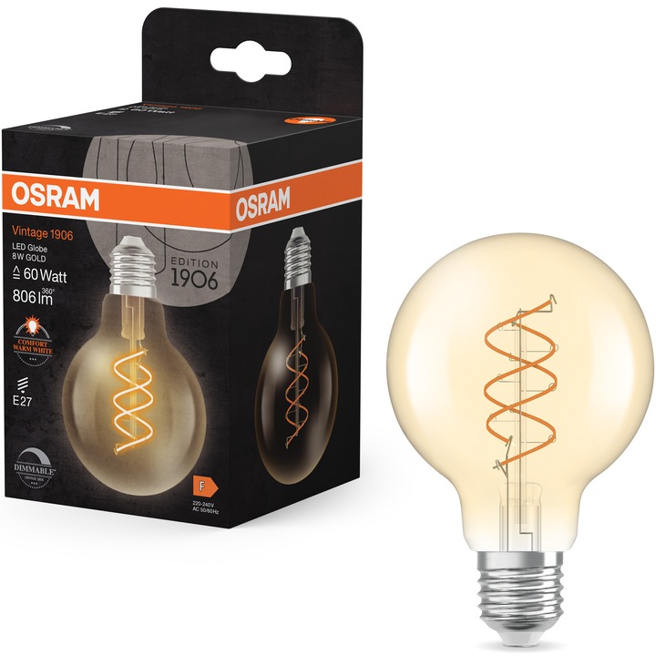 Декоративна крушка LED Osram Vintage 1906 Gold, Spiral Filament, G80, E27, 8W (60W), 806 лумена, Топла светлина (2200K), Димируема, Енергиен клас F